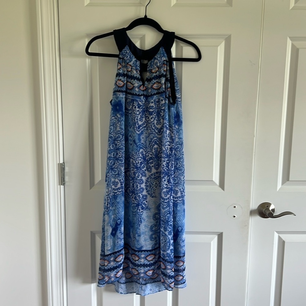 Dress Barn Size 10 Geometric Blue and Orange Boho Halter Dress